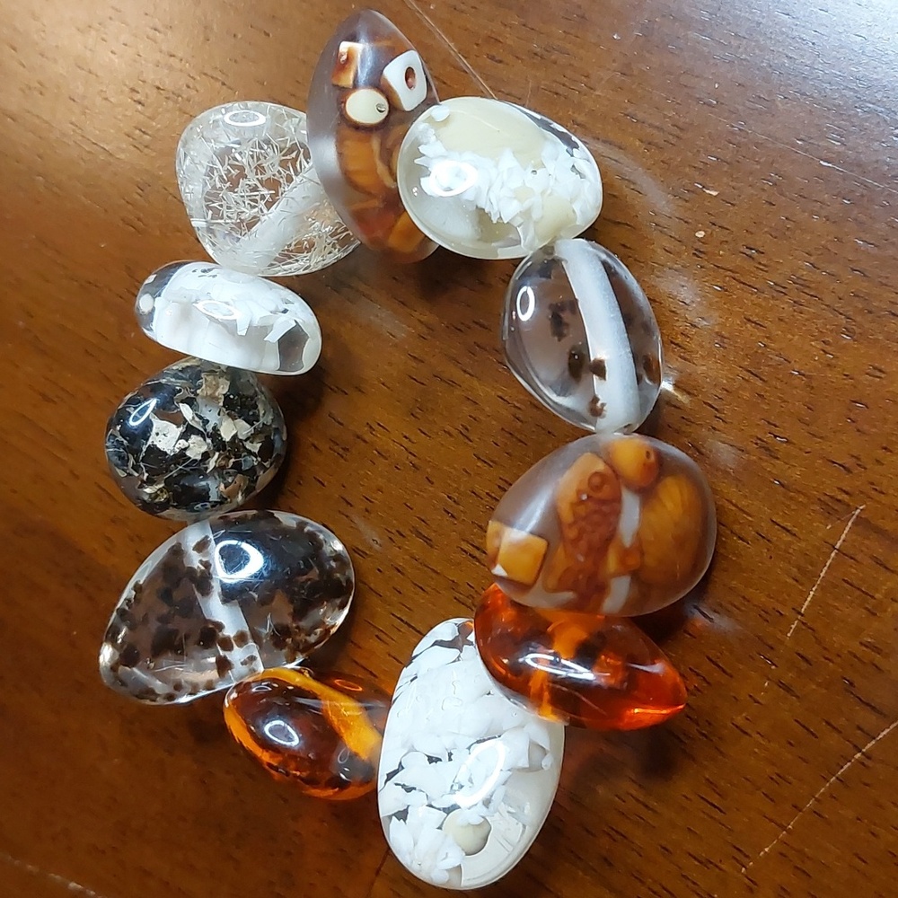 OOAK Fused Specimens Faux Amber Chunky Lucite Plastic Beads Stretch Bracelet